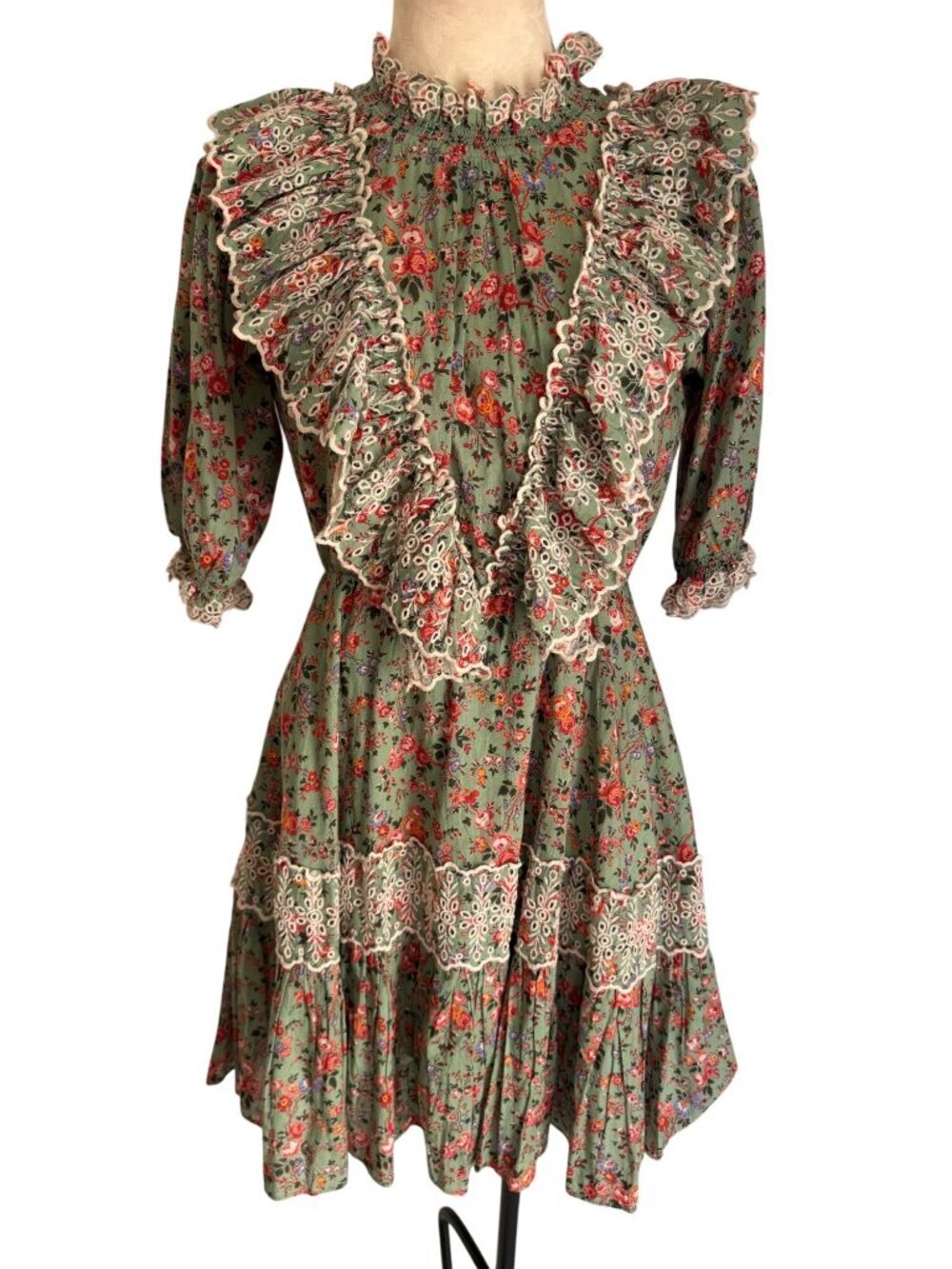 byTimo Womens Eyelet Lace Trim Ruffle Bodice Floral Mini Dress Size M Green Boho